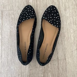 Lucky brand flats black with silver metallic polka dots - size 6. Like new!